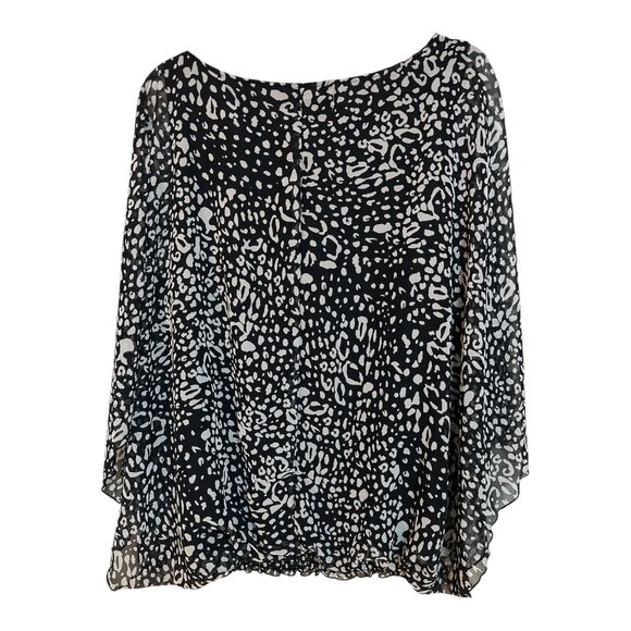 Y2K Aqua Blues Women’s 3X Flutter Sleeve Sheer Overlay Blouse Black White Animal - Picture 2 of 5